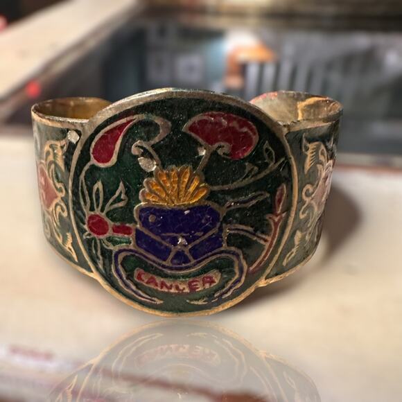 Vintage Brass Hand Painted CANCER Zodiac Astrology Cuff Bracelet - Picture 1 of 9
